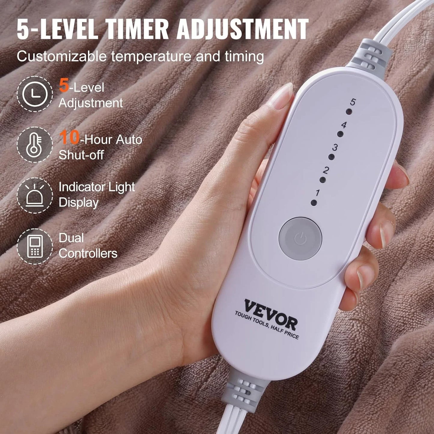 VEVOR Heated Blanket, 100"x90" King, Flannel, 10H Timer, 5 Heat Levels, Dual Control, Washable, ETL/FCC Certified (Beige)