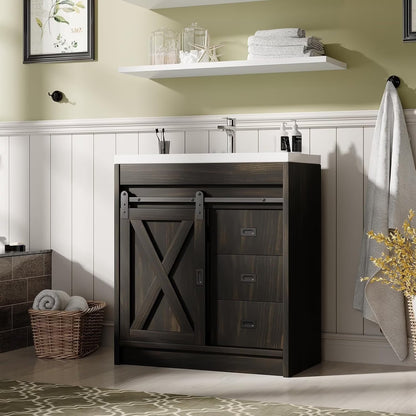 DreamCurship 32" Bathroom Vanity with Sink Combo, White Bathroom Storage Cabinet with Drawers, Farmhouse Bathroom Vanity Cabinet with Sliding Barn Doors, White
