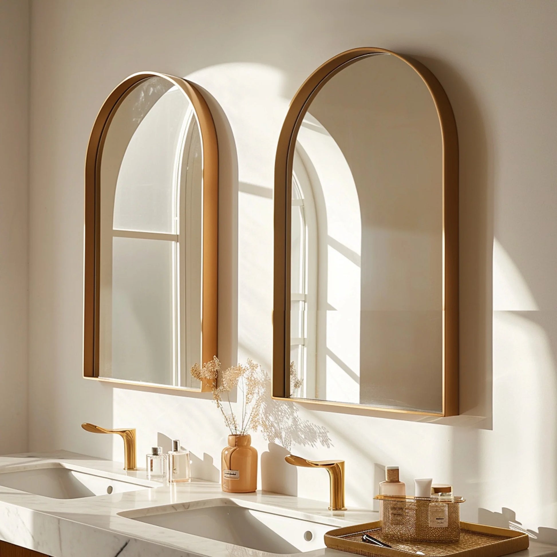 Soges 36" x 24" Arched Bathroom Mirror Cabinet Medicine Cabinet with 2 Adjustable Shelves, Recess or Surface Mounted Installation,,Gold