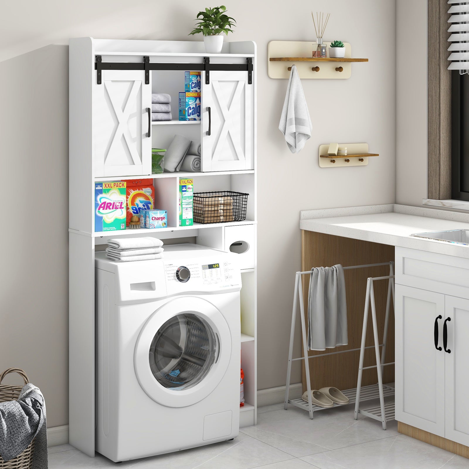 Over The Toilet Storage Cabinet, Farmhouse Storage Cabinet Over Toilet with Sliding DoorsHome Space-Saving Toilet Rack, for Bathroom, Restroom, Laundry