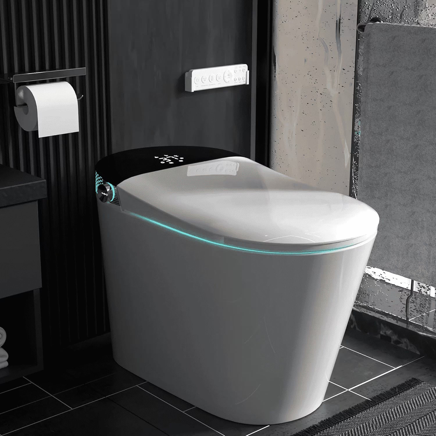 LALAHOO Smart Toilet with Bidet Built in, Auto Open & Close, Elongated Heated seat, Foot Sensor Flush, LED Display, Warm Water Wash, Dryer, Night Light, Black