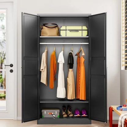 Metal Wardrobe Cabinet with Hanging Rod,Black Armoire Wardrobe Closet,Metal Clothing Storage Cabinet with Adjustable Shelves and Doors,72" Cloth Storage Cabinets for Home,Living/Laundry Room
