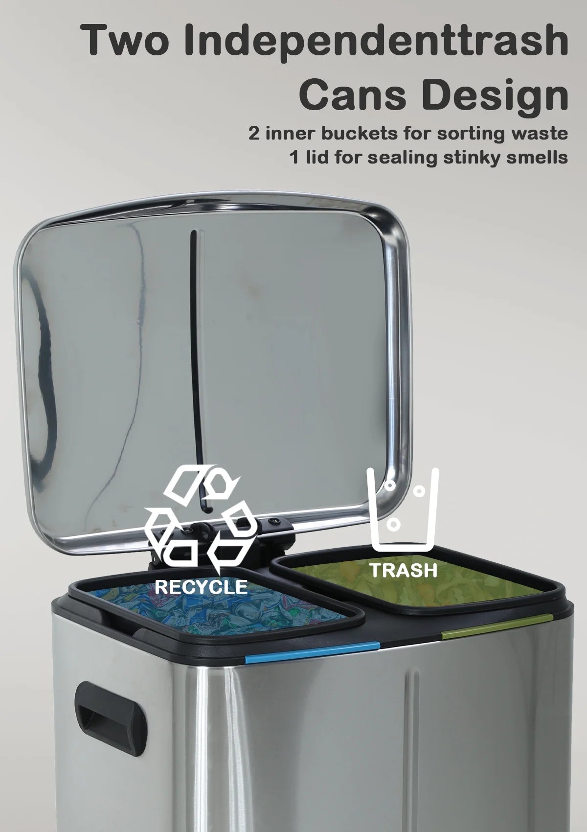 10 Gallon Dual Compartment Trash Can and Recycle Bin, Stainless Steel Foot Pedal Garbage Can Bathroom Double Trash Can Recycling for Kitchen with 2 x 5 Gallon Removable Inner Buckets, Soft Close