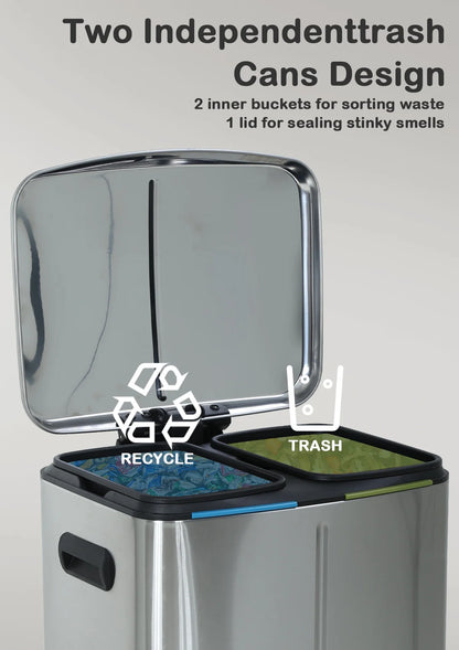 10 Gallon Dual Compartment Trash Can and Recycle Bin, Stainless Steel Foot Pedal Garbage Can Bathroom Double Trash Can Recycling for Kitchen with 2 x 5 Gallon Removable Inner Buckets, Soft Close