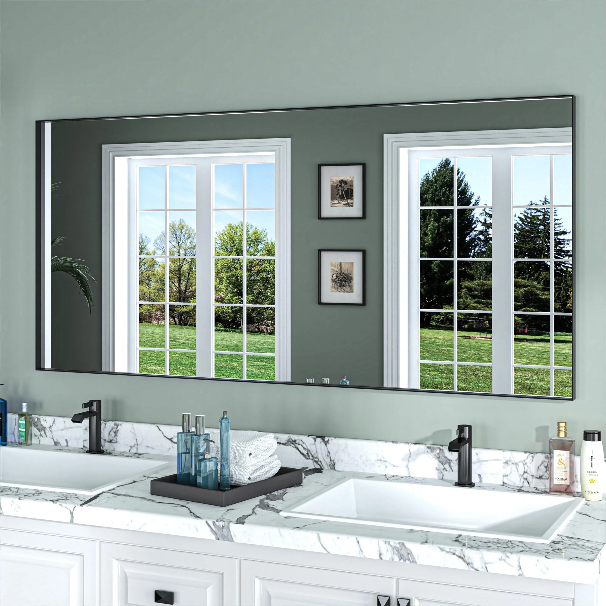 Organnice Rectangular Mirror Modern Black Frame Bathroom Vanity Mirror Clean Glass 60"L*28"W
