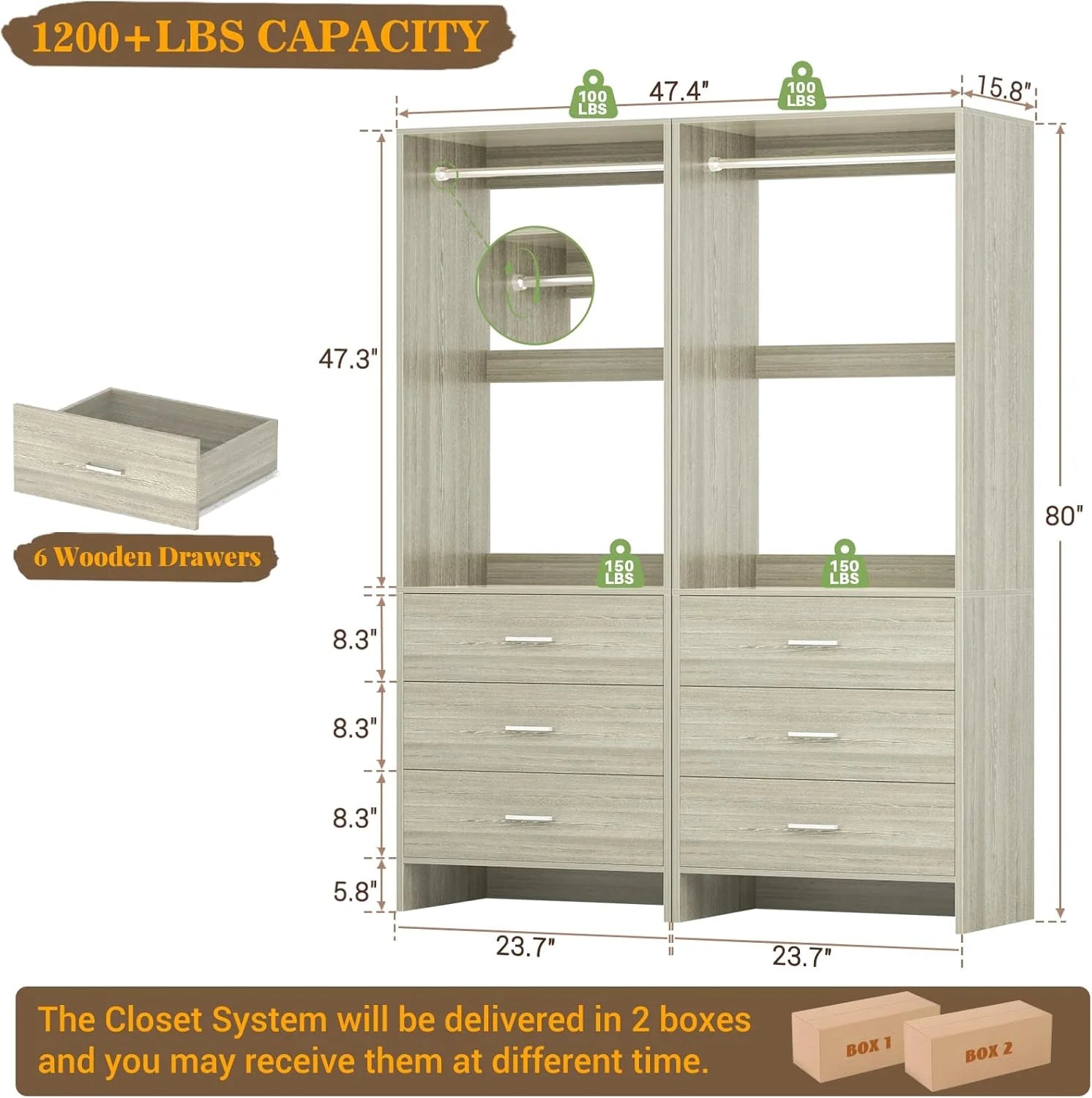 Homieasy Closet System Closet Organizer, Wood Closet Organizer System, Walk-in Closet or Small Closets Wardrobe, Clothes Rack with Hanging Rods, 4FT Closets, Set of 2, White Oak