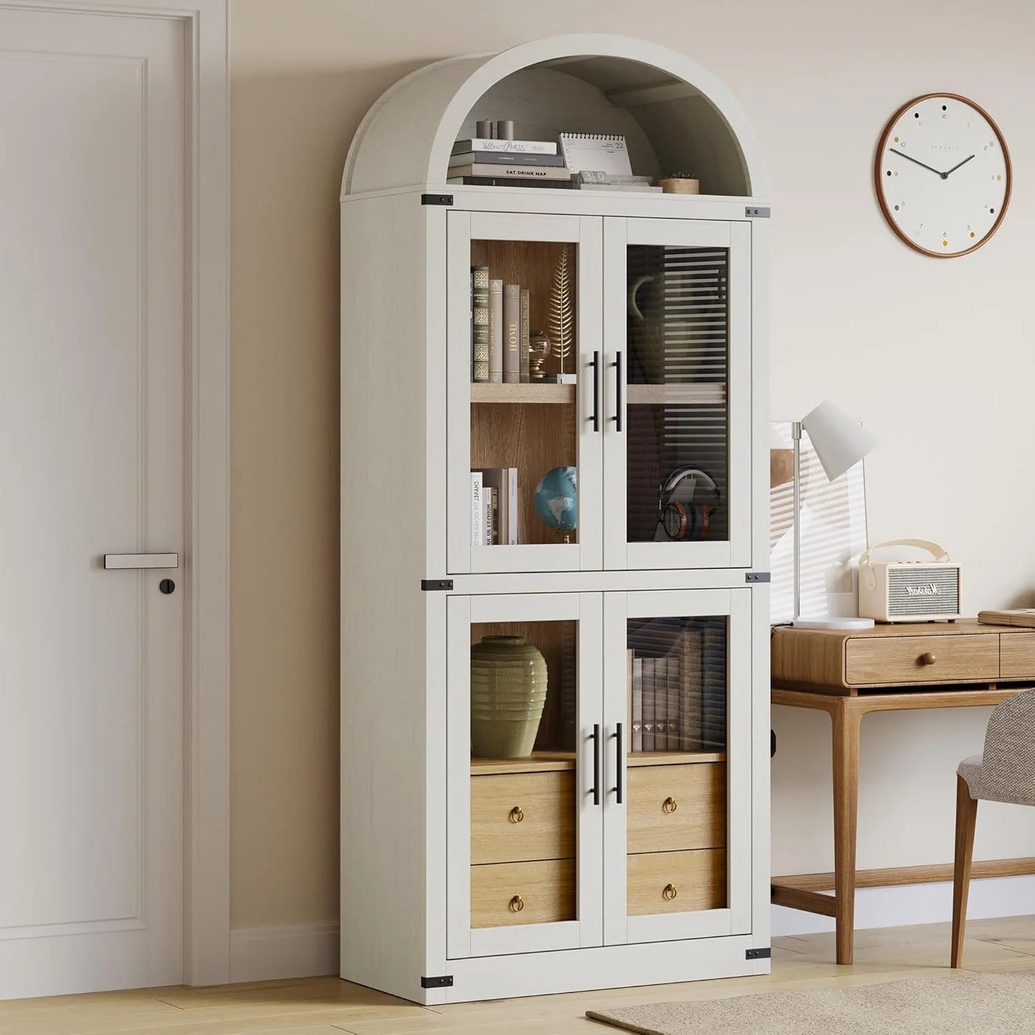 Arched Kitchen Pantry Storage Cabinet with 2 Drawers, 71-Inch Tall Farmhouse Wood Bookcase with 4 Doors for Kitchen Dining Room Bathroom