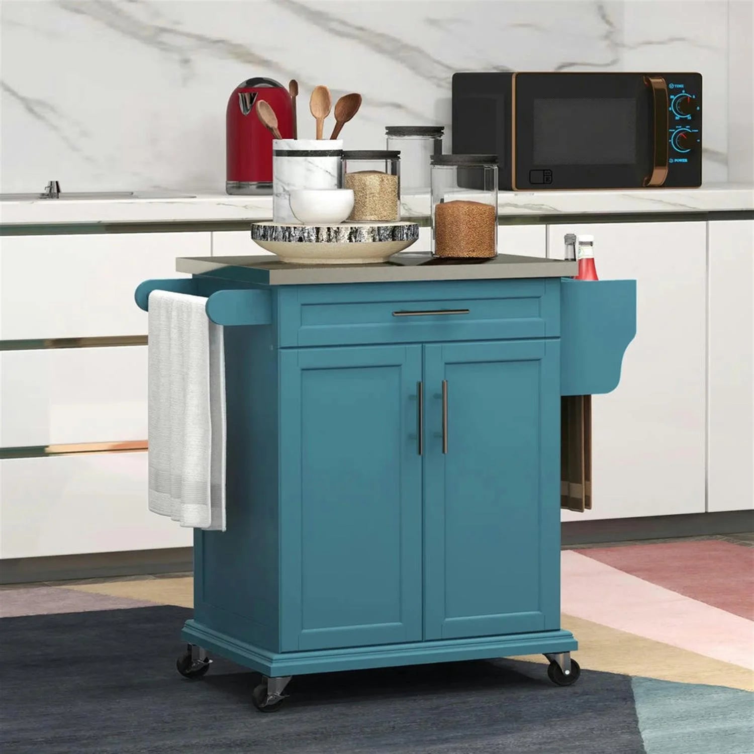 Finihen 35" Kitchen Island Cart on Wheels with Stainless Steel Top, Rolling Dining Room Serving Utility Carts Mobile Movable with Towel Rack, Blue