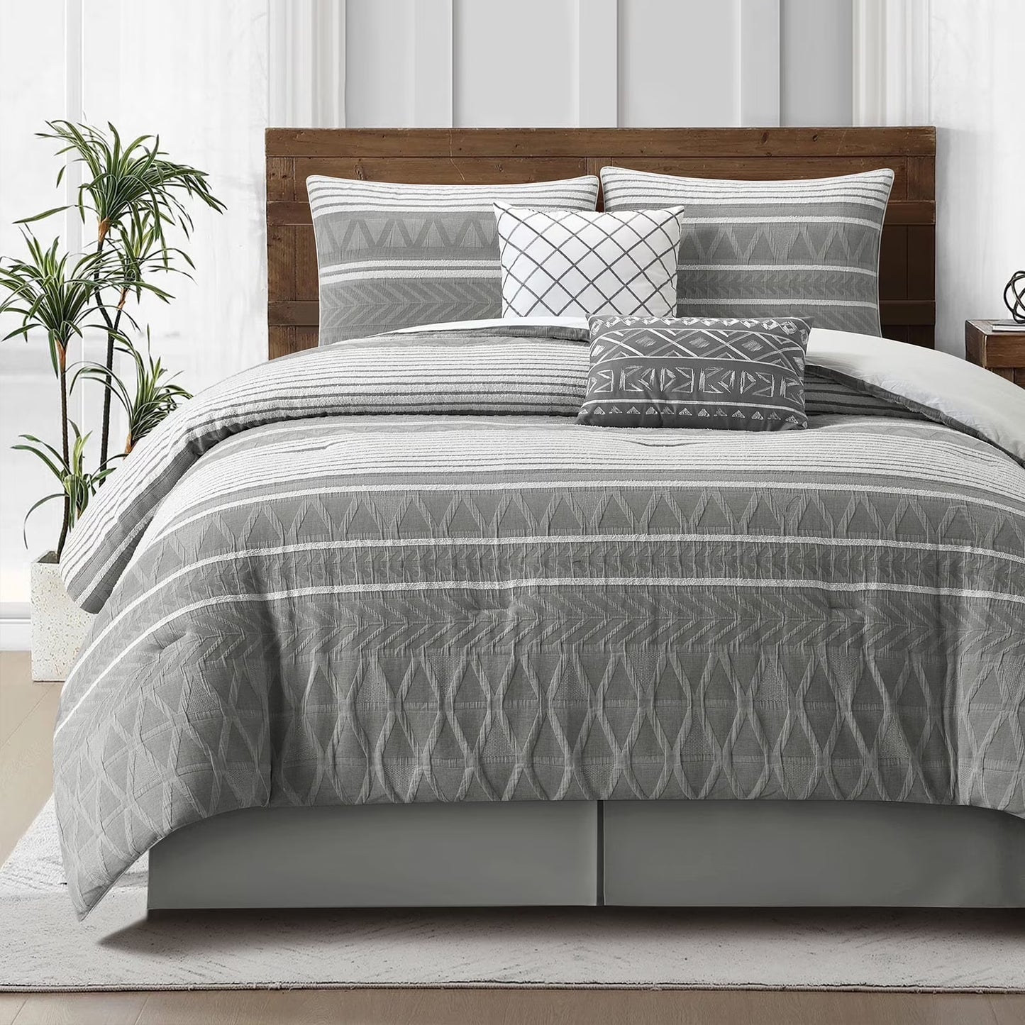 Lanco 100% Cotton Queen Size Comforter Set , 6 Piece , Beige Geometric Jacquard Bedding Set