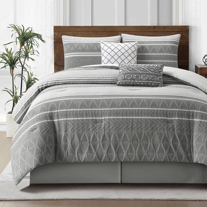 Lanco 100% Cotton Queen Size Comforter Set , 6 Piece , Beige Geometric Jacquard Bedding Set