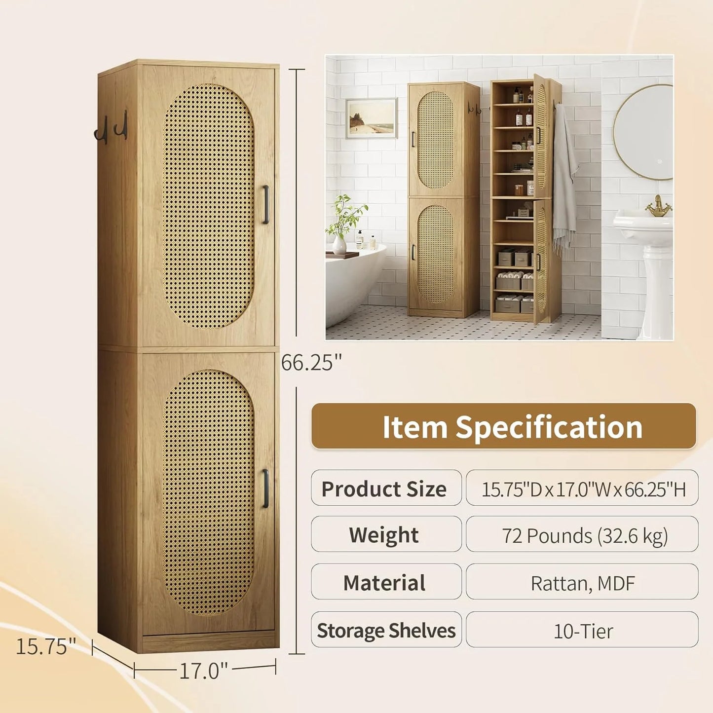 66-Inch Bathroom Storage Cabinet with Rattan Doors, Bath Room Organizer Floor Cabinets Brown