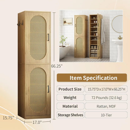 66-Inch Bathroom Storage Cabinet with Rattan Doors, Bath Room Organizer Floor Cabinets Brown