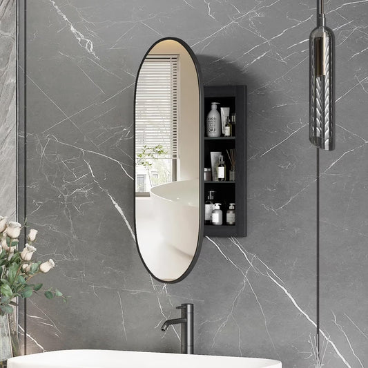Oval Medicine Cabinet Mirror for Bathroom,Recessed Black Medicine Cabinet with Mirror, Brushed Black Mirror Cabinet with 3 Storage,Metal Edge,Wall Mounted,16x31Inch