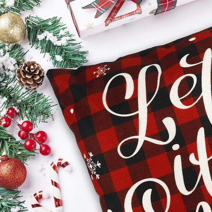 DecorX Christmas Pillow Covers 18x18 Set of 4 Farmhouse Black and Red Buffalo Check Plaid Throw Pillow Covers Outdoor Rustic Linen Pillow Case for Sofa Couch Christmas Decorations