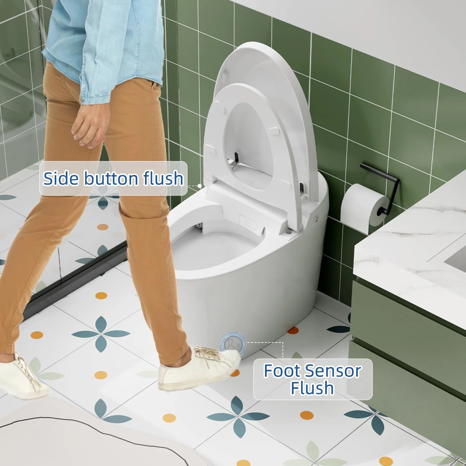 TROPOW Smart Toilet, Auto Flush Smart Toilet, Modern Toilet for Bathroom, Elongated Smart Tankless Toilet with Heated Seat, Foot Sensor Operation, Automatic Flush, LED lights, White