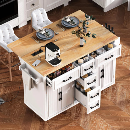Kitchen Island with Storage, Rolling Kitchen Island on Wheels with Charging Station, Kitchen Cart Island Table with Drop Leaf, Drawers, Cabinets, Spice Rack, Towel Rack, Black
