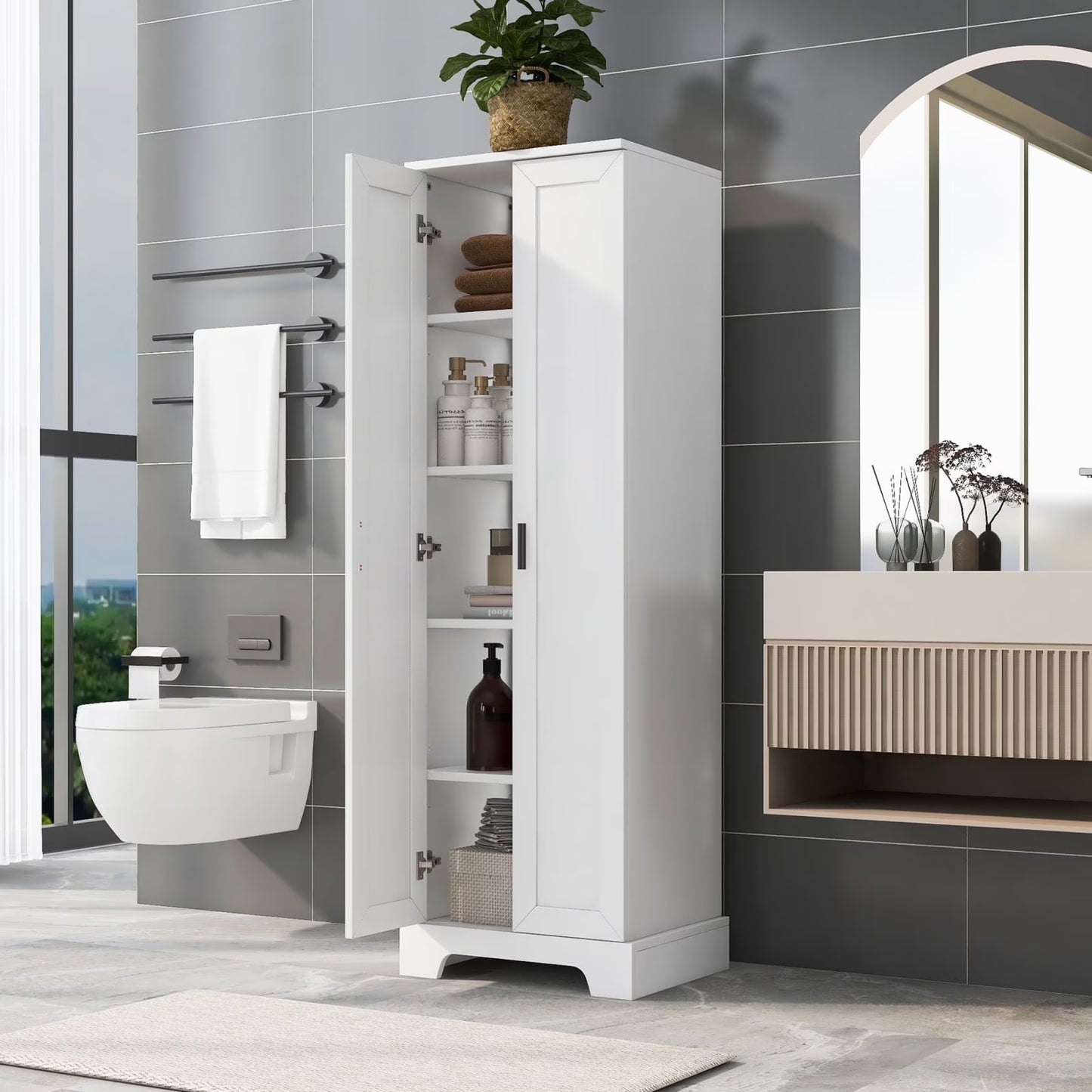 22'' Double Door Storage Cabinet with Adjustable Shelves, High Quality Bathroom Cabinet with MDF Material, for Living room, Bathroom, Black