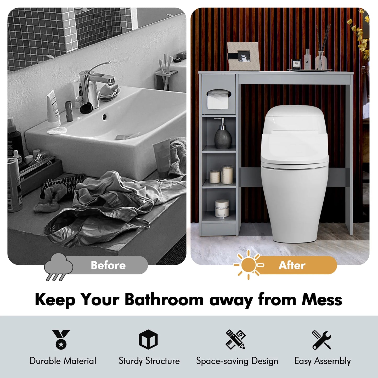 Costway Wooden Over the Toilet Storage Cabinet Bathroom Space Saver w/Paper Holder Grey
