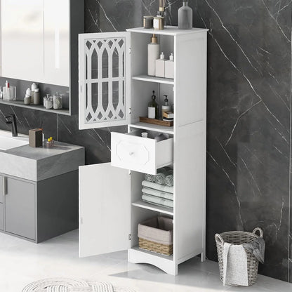 Royard Oaktree Tall Bathroom Cabinet with Drawer and Doors Freestanding Storage Cabinet with Hutch Modern Narrow Kitchen Pantry Sideboard Cabinets for Living Room Bedroom Office, White