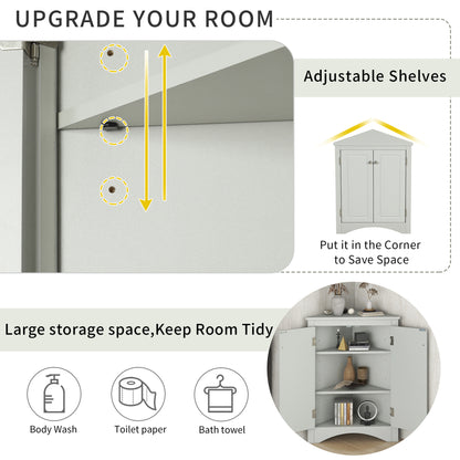 Triangle Bathroom Storage Cabinet, Wooden Corner Freestanding Floor Cabinet with Double Doors and Adjustable Shelves, Mordern Console Table for Bathroom, Living Room, Small Space, Grey