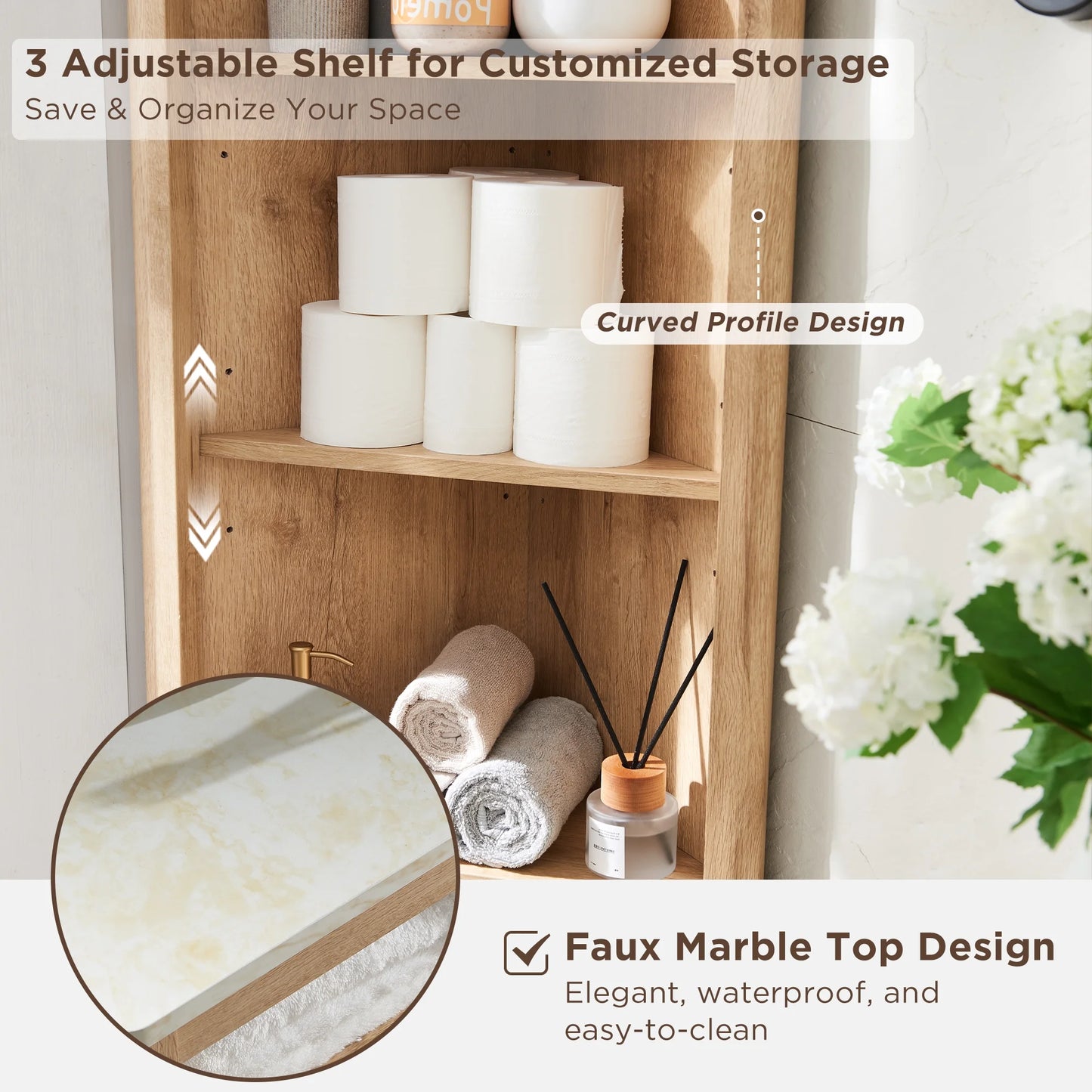 OKD 68" Tall Corner Storage Cabinet with Faux Marble Top and Adjustable Shelves Modern Pantry Curved Profile Bookshelf for Bathroom Kitchen Living Room Dining Room, Off White