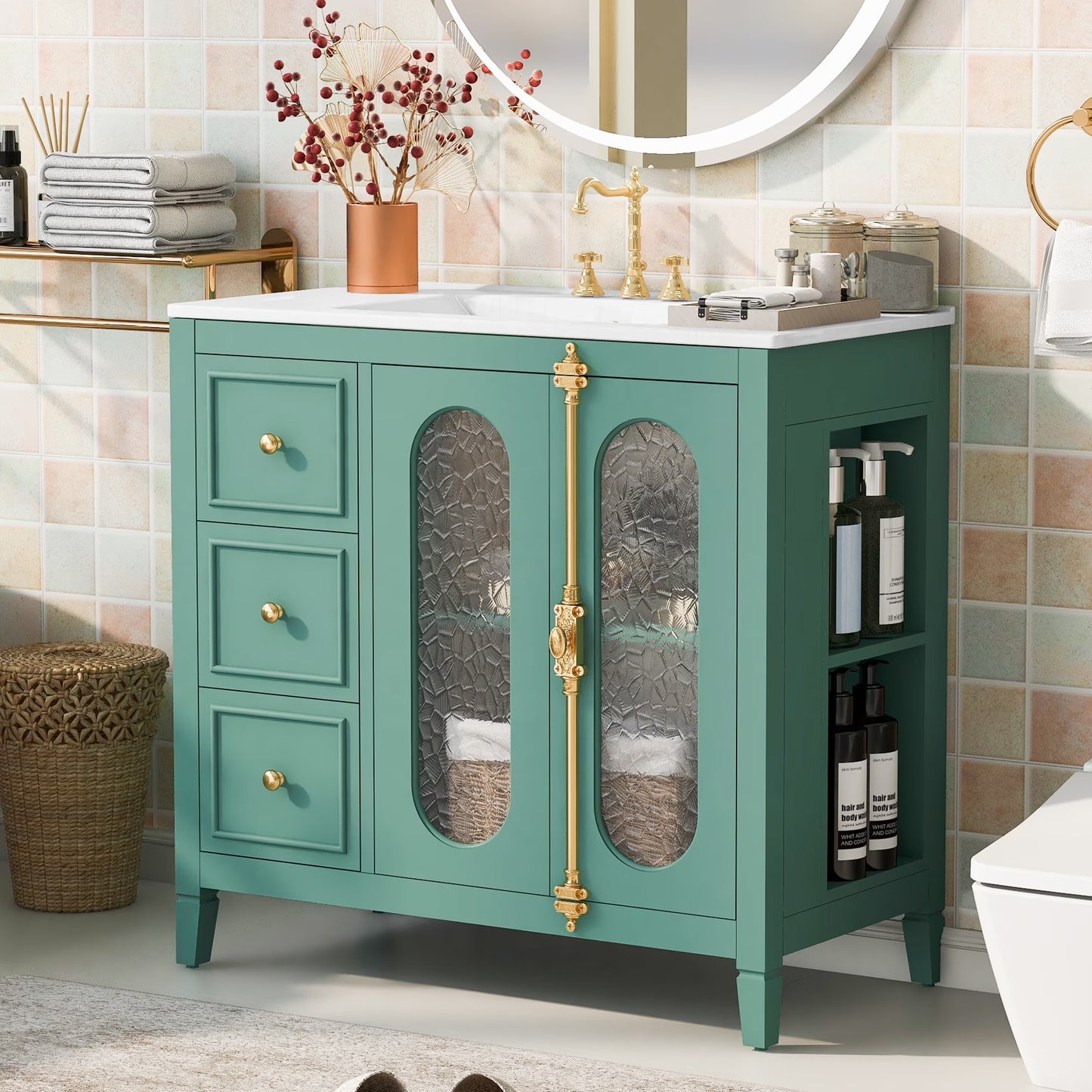 Euroco 36-inch Bathroom Vanity with 2 Soft Close Doors, Solid Wood Frame Modern Bathroom Storage Cabinet with 3 Drawers