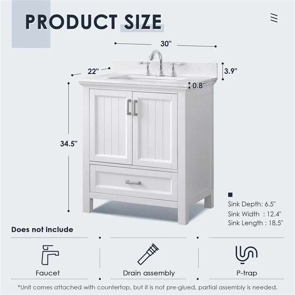 Isla 30" Single Bathroom Vanity Set in White and Carrara White Marble Countertop without Mirror