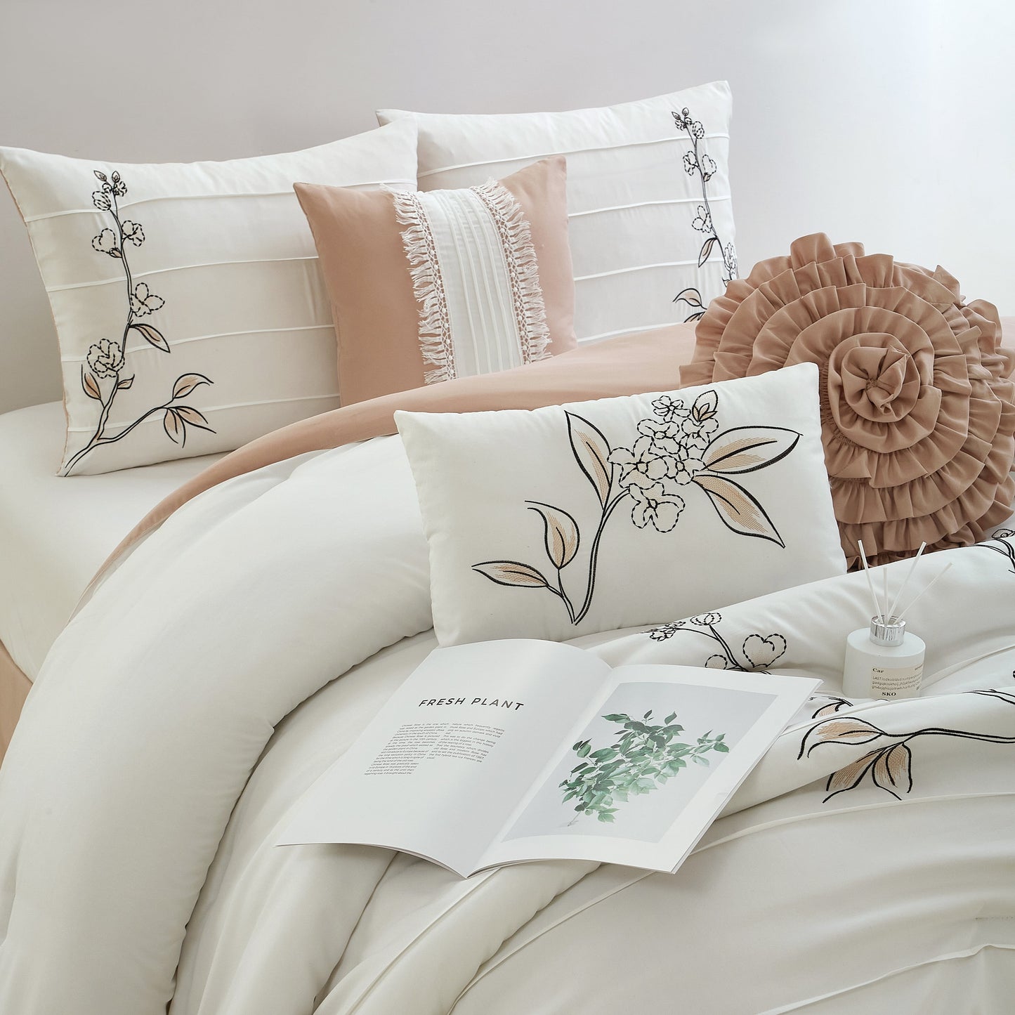 Lanco Blush Floral Queen Comforter Set, 7 Piece, Microfiber Pleating & Embroidery Bedding Sets & Collections