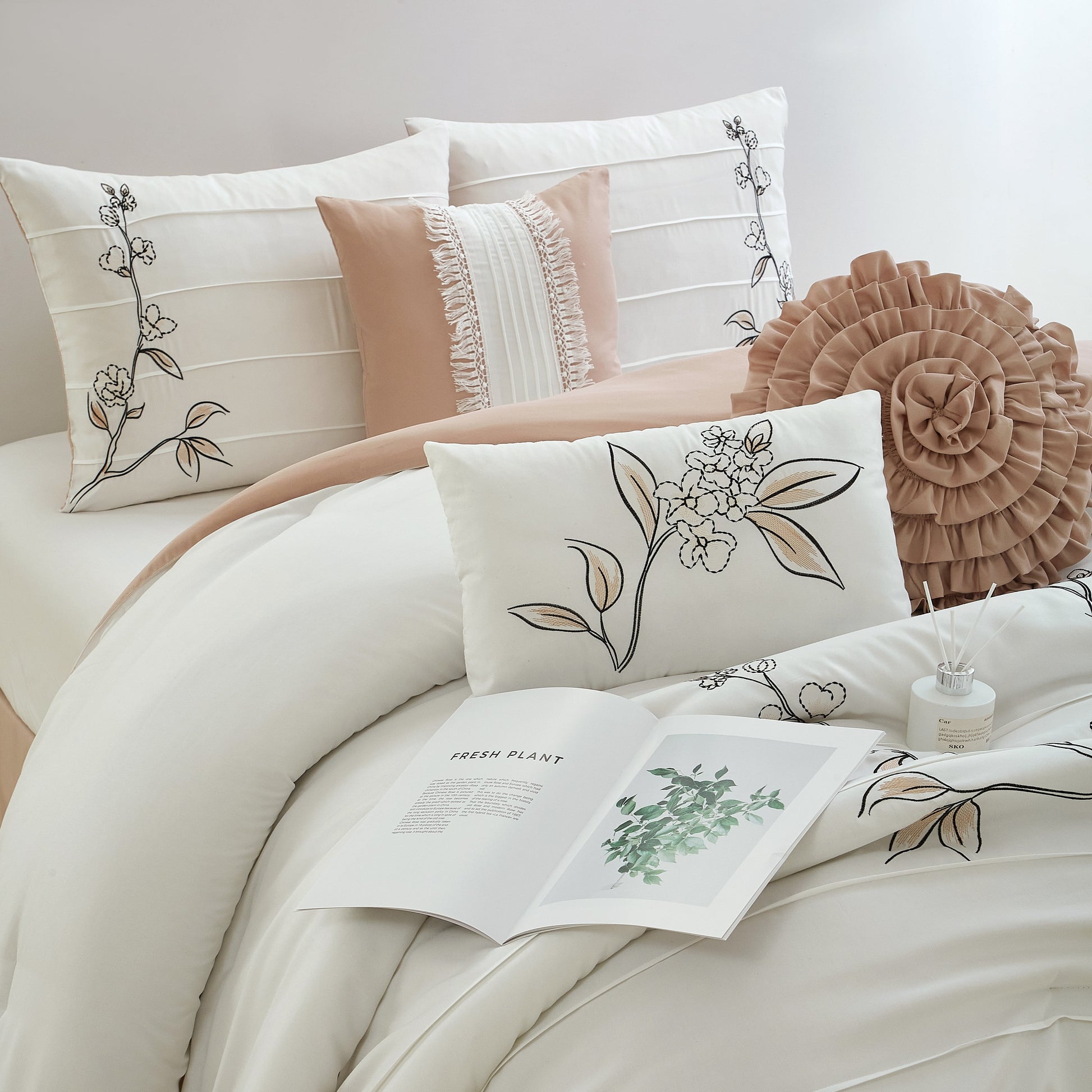Lanco Blush Floral Queen Comforter Set, 7 Piece, Microfiber Pleating & Embroidery Bedding Sets & Collections