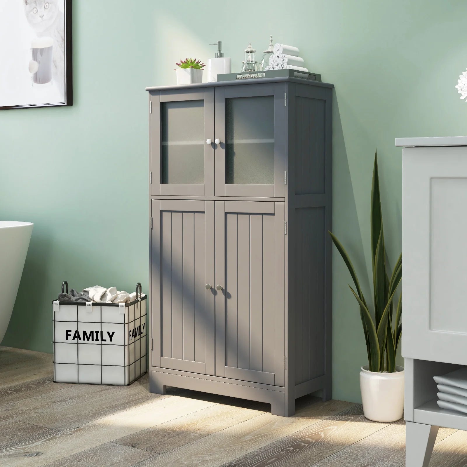 Topbuy Bathroom Storage Cabinet Freestanding Storage Cabinet w/4 Doors Wooden Kitchen Cupboard w/Adjustable Shelf