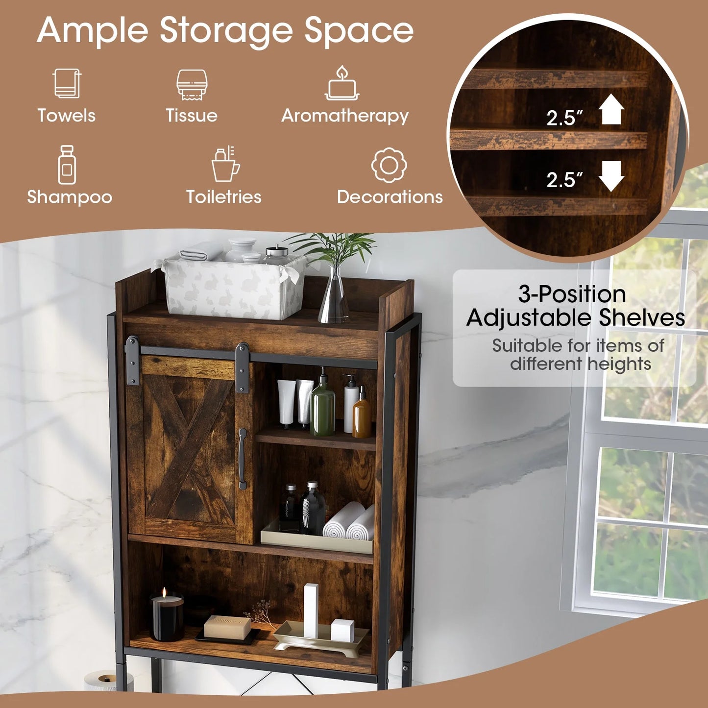 Topbuy Over The Toilet Storage Cabinet 4-Tier Bathroom Organizer w/Adjustable Shelves Sliding Barn Door & Toilet Paper Holder Rustic Brown