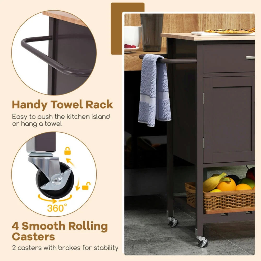 Topcobe Rolling Kitchen Island Cart with Drawer and Towel Rack, Modern Furniture for Living Room, Bedroom-Brown