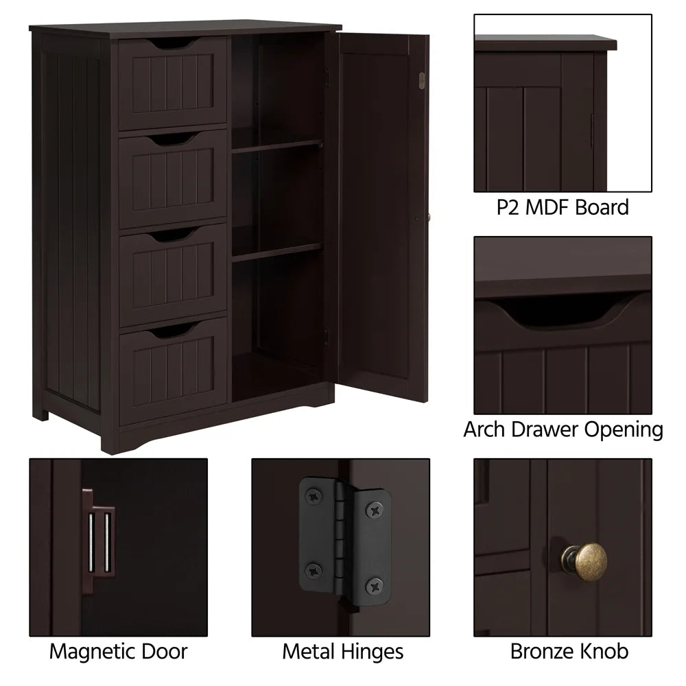 Alden Design Wooden Bathroom Storage Cabinet with 4 Drawers & Cupboard, Espresso
