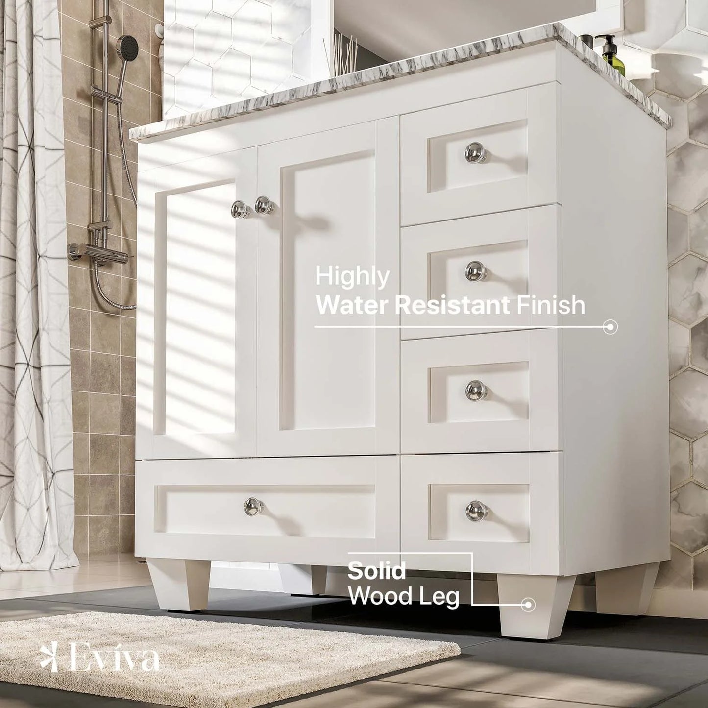 Eviva Happy 30" W x 18" D x 34" H White Bathroom Vanity with White Carrara Marble Counter-Top