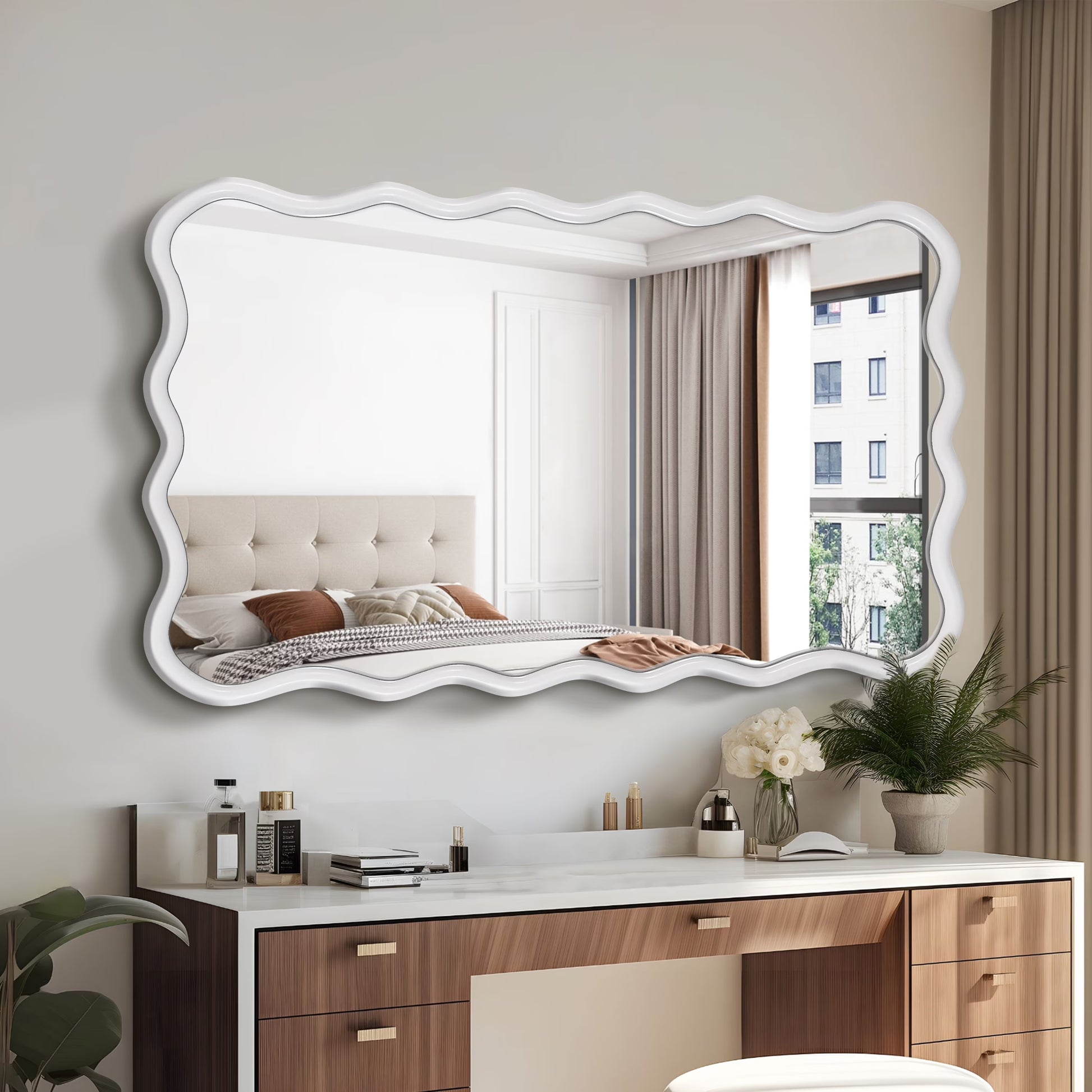 Dasun Solid Wood Wavy Square Mirror-Black 36" x 36" Modern Mirror Wall Decor for Bathroom, Bedroom, Living Room, Dining Room, Cloakroom, Entryway