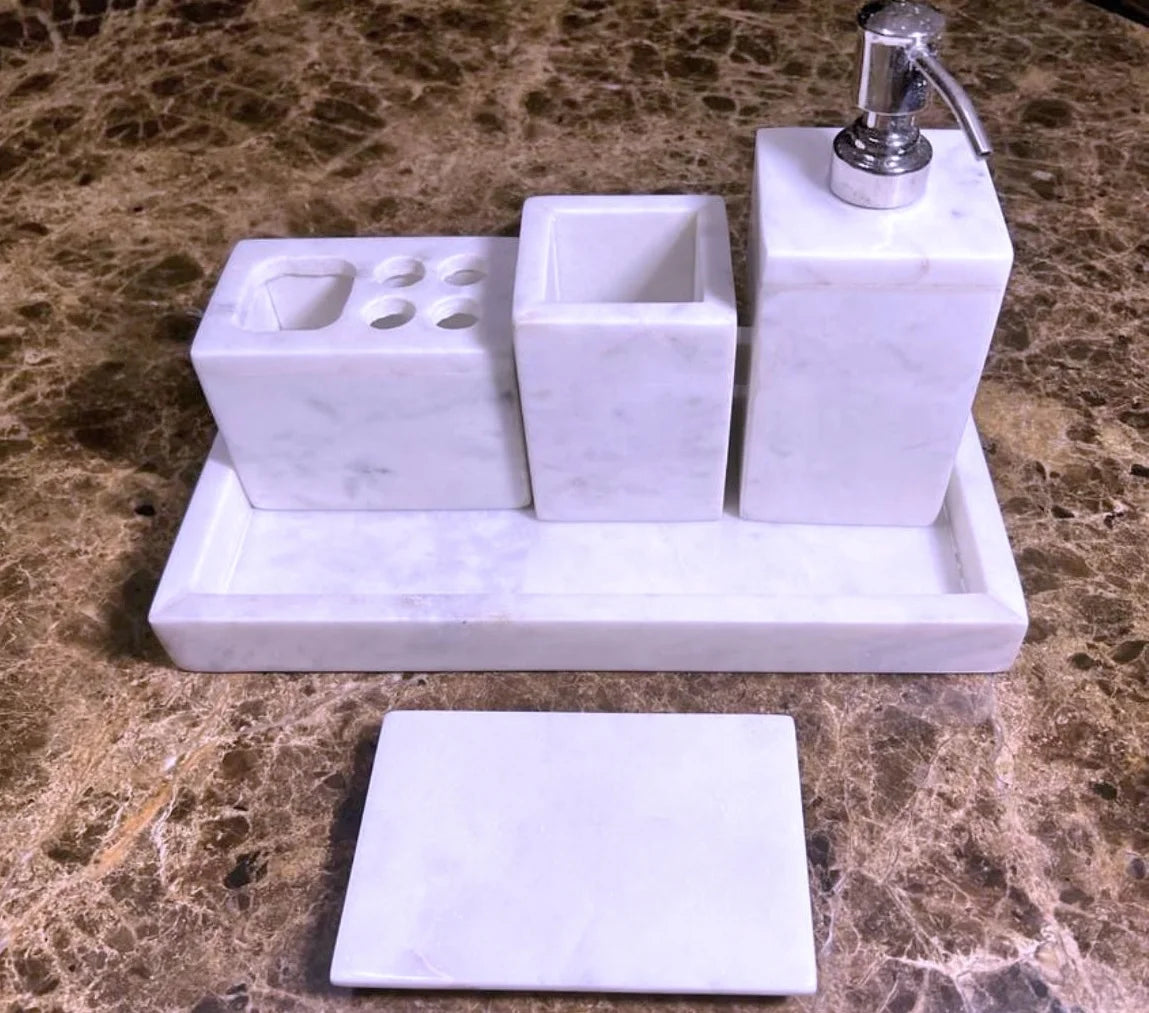 Magnus Impex Contemporary 5-Piece Natural Marble Bath Accessories Set, White