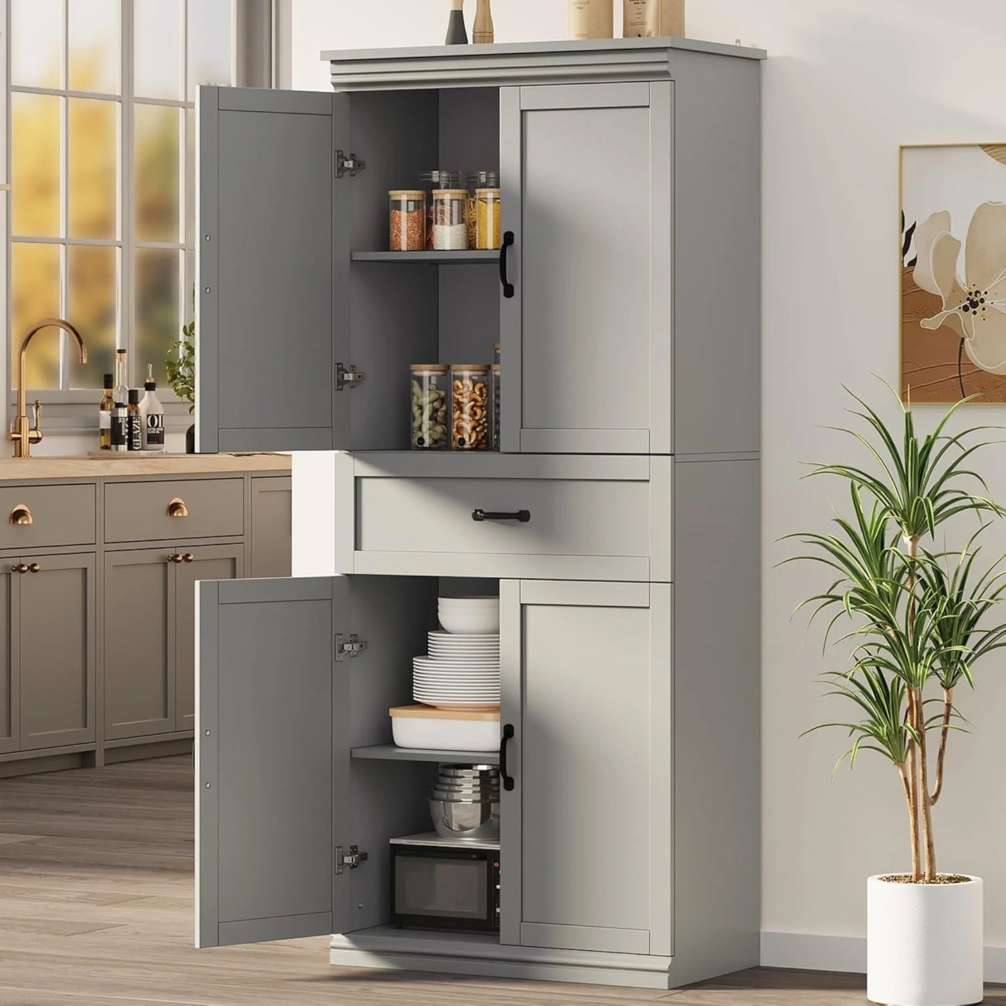 Ataucjin 70" Tall Kitchen Pantry Cabinet, Freestanding Cupboard Kitchen Pantry Storage Cabinet, Freestanding Cupboard with Doors and Adjustable Shelves, for Bathroom, Dining Room, Living Room