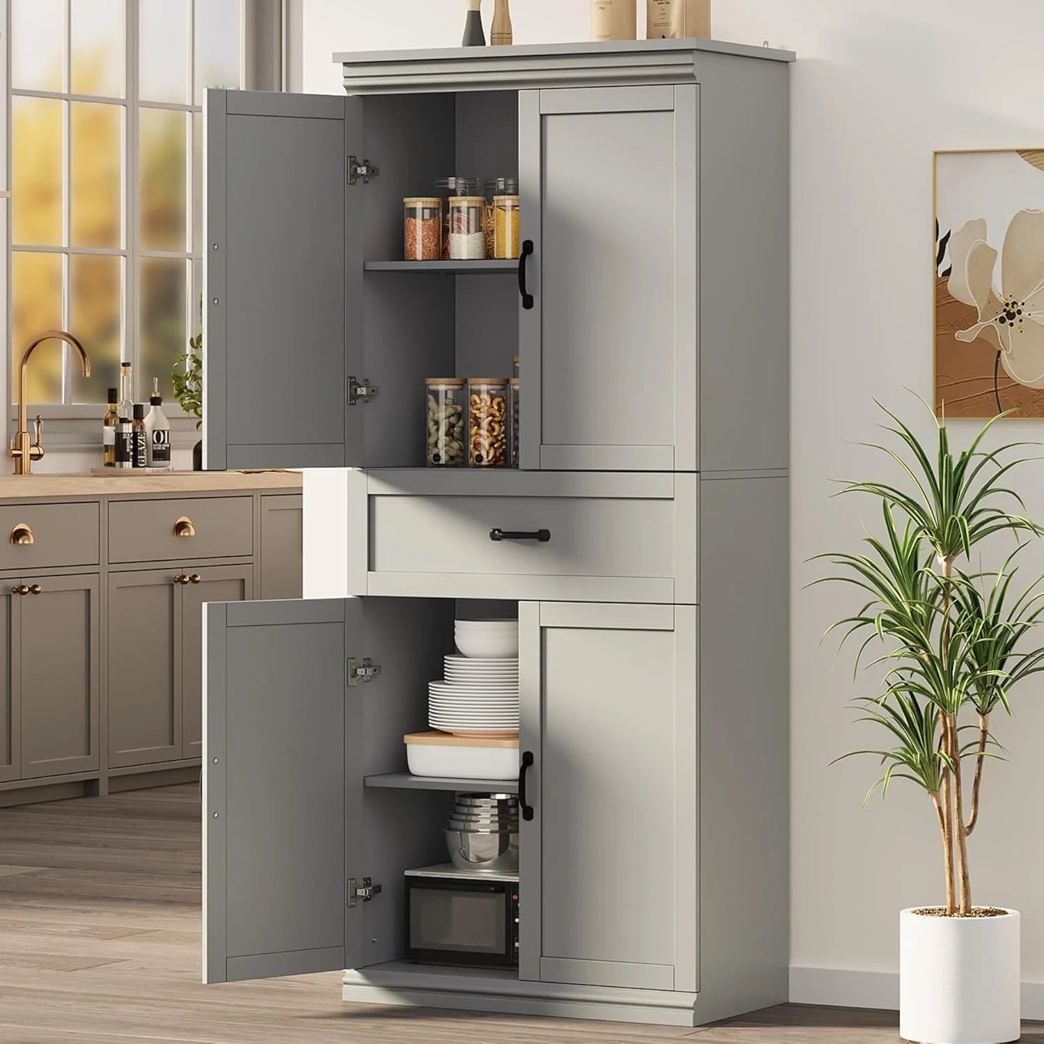 Ataucjin 70" Tall Kitchen Pantry Cabinet, Freestanding Cupboard Kitchen Pantry Storage Cabinet, Freestanding Cupboard with Doors and Adjustable Shelves, for Bathroom, Dining Room, Living Room