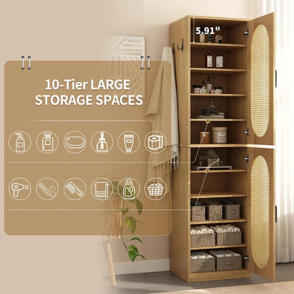 66-Inch Bathroom Storage Cabinet with Rattan Doors, Bath Room Organizer Floor Cabinets Brown
