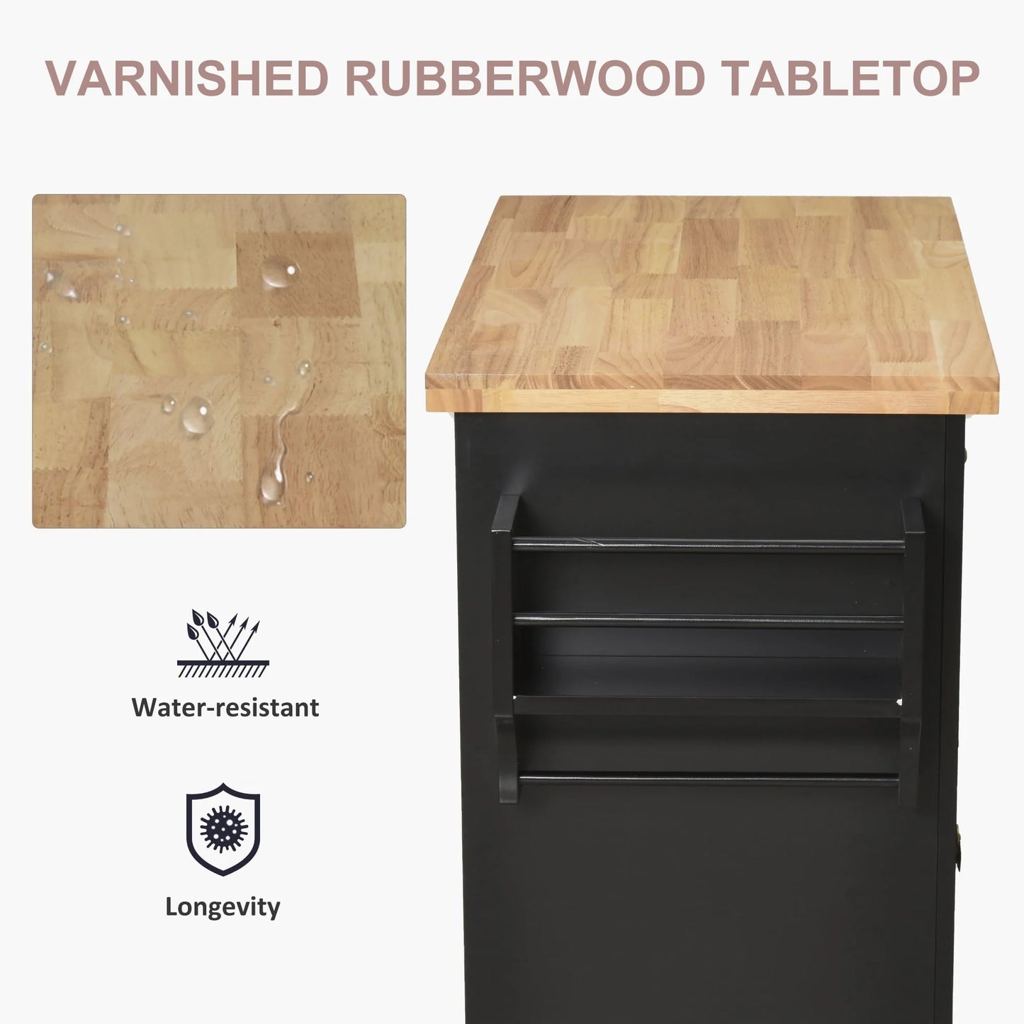 HomCom Rolling Kitchen Island Cart with Rubber Wood Top, Spice Rack, Towel Rack & Drawers