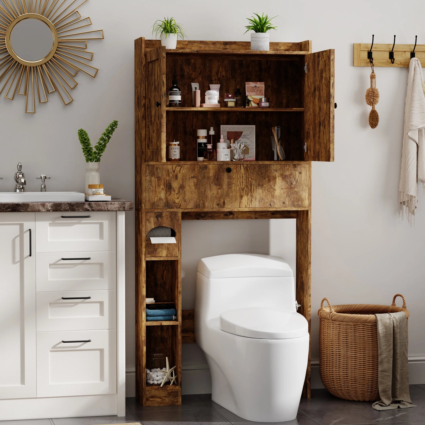 Over The Toilet Storage Cabinet,Bathroom Storage Cabinet with Wooden Doors,Bathroom Organizer Over-The-Toilet Cabinet(Distressed Brown)