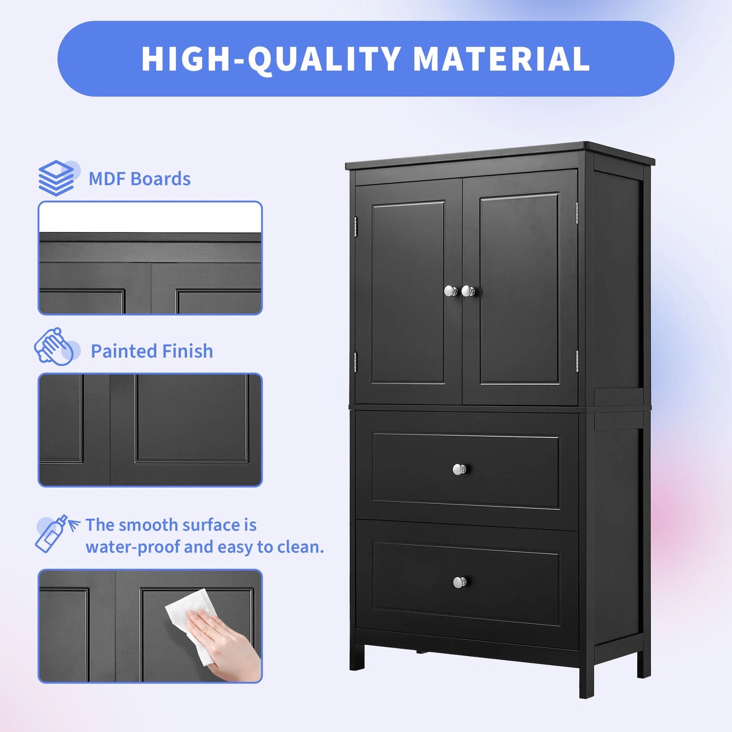 EUROCO Bathroom Floor Storage Cabinet,Bathroom Storage Unit,Freestanding Cabinet with 2 Drawers and 2 Doors,Adjustable Shelf,11.8 x 23.6 x 43.3 Inches,White