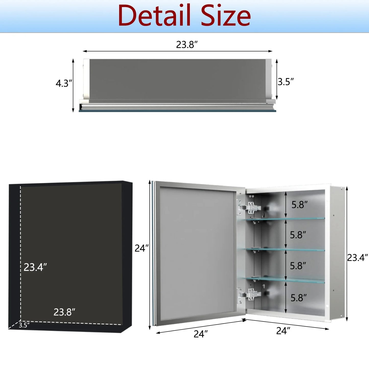 FUMANGO Aluminum Bathroom Medicine Cabinet, 24" x 24", firm and durable, waterproof and rust-proof, recessed or surface mounted,,Assembly required