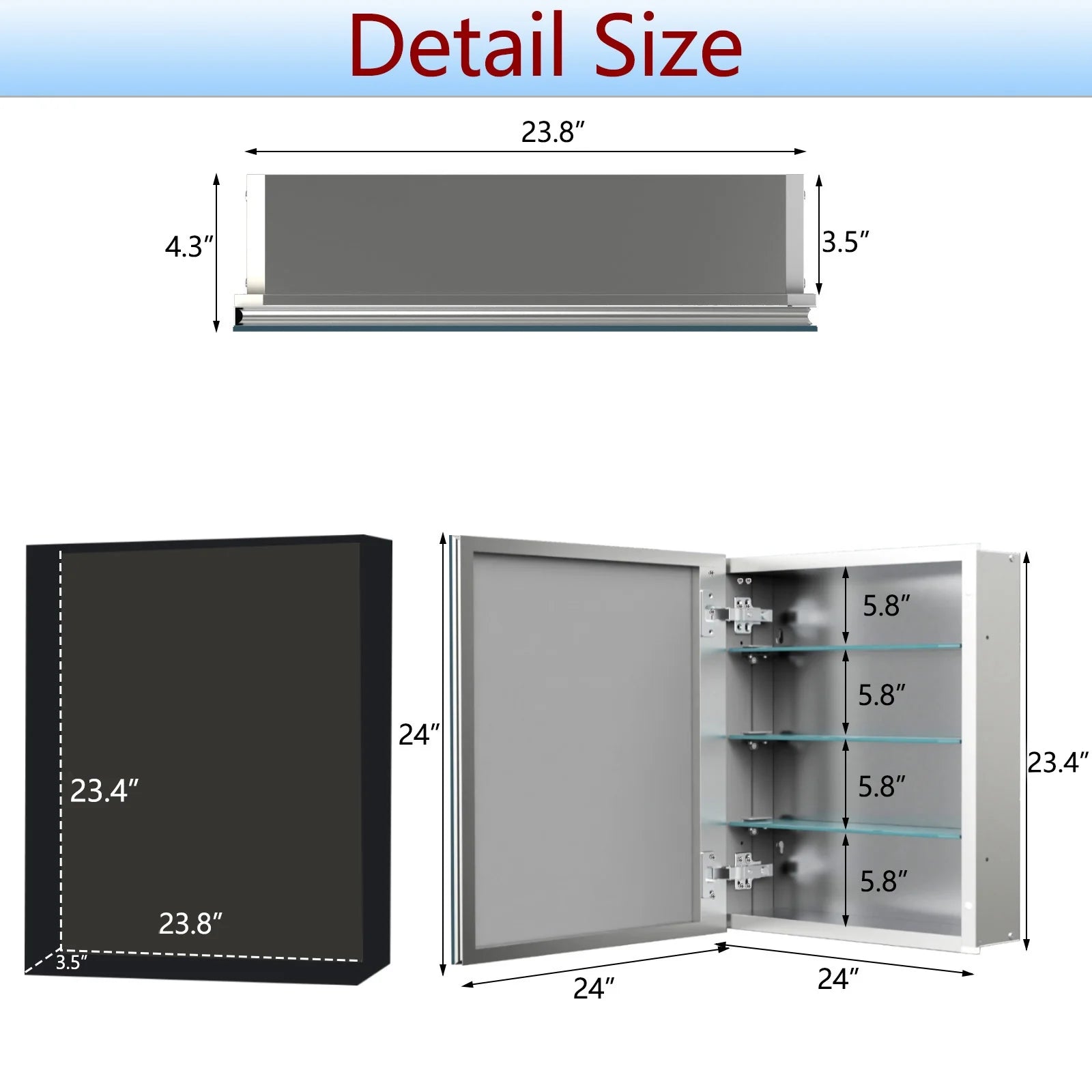 FUMANGO Aluminum Bathroom Medicine Cabinet, 24" x 24", firm and durable, waterproof and rust-proof, recessed or surface mounted,,Assembly required