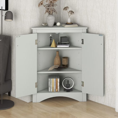 Home Floor Corner Cabinet with Adjustable Shelves and Two Doors, Triangle Bathroom Storage Cabinet, Modern Style Freestanding Floor Cabinet for Kitchen, Living Room and Hall, Oak