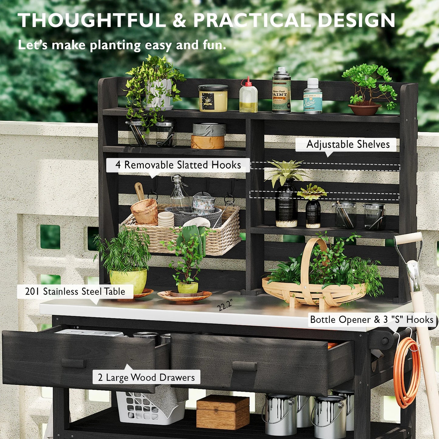 Euroco 64.9"H Outdoor Potting Bench Table with Lockable Wheels, Solid Wood Outdoor Kitchen Island with Upper Hutch, Stainless Steel Top, Towel Rack ,Outdoor Storage for Grilling, Lawn Garden -Black