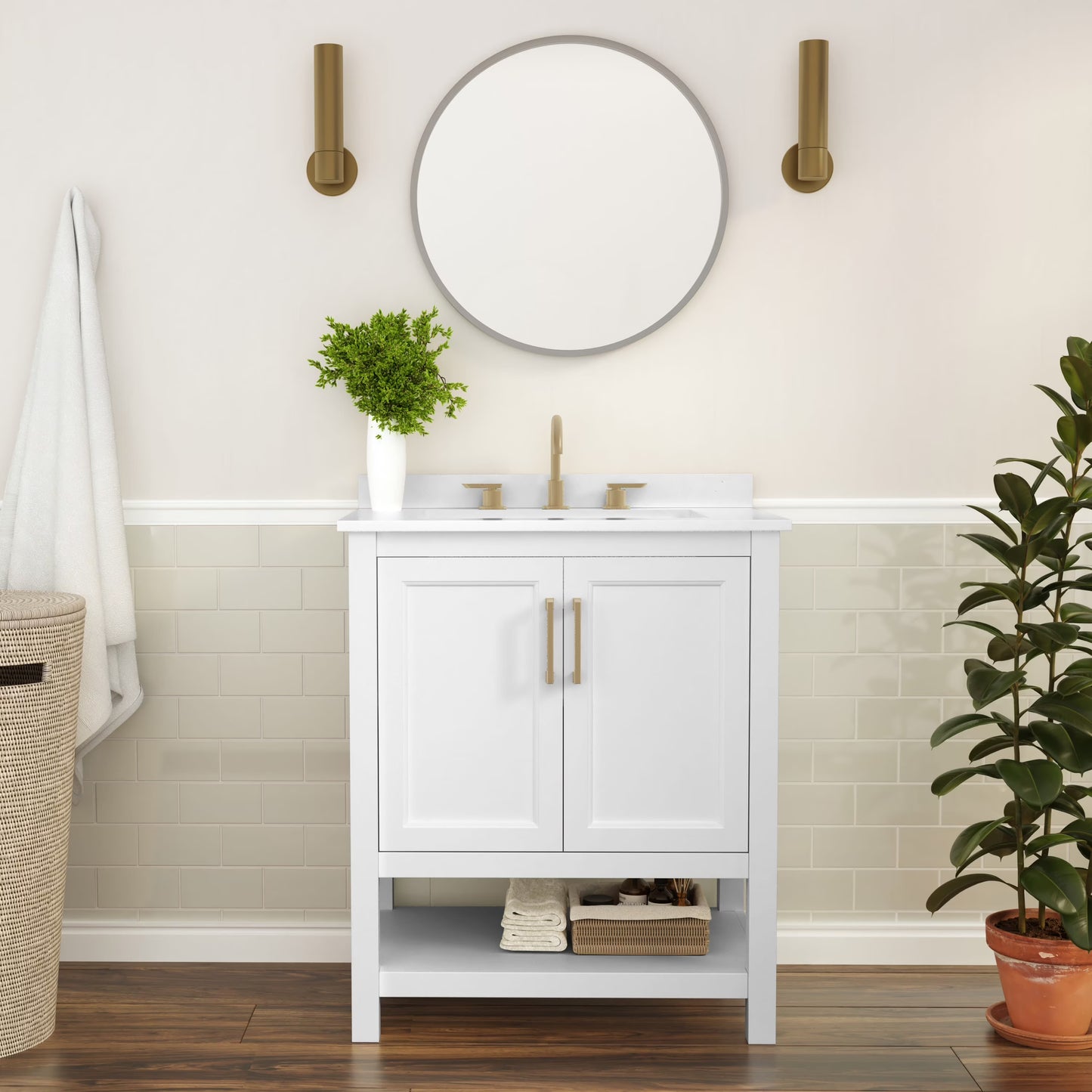 BizChair 24 Inch Bathroom Vanity with Sink Combo, Storage Cabinet with Soft Close Doors and Open Shelf, Carrara Marble Finish Countertop, White/White