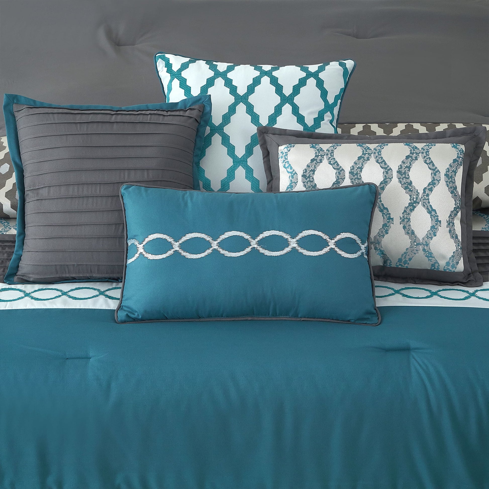 Lanco Geometirc Queen Blue Comforter Set, 12 Piece, Jacquard Bedding Comforters & Sets, Bedskirt, Pillows, Euro Shams & Curtains, Ultra-Soft