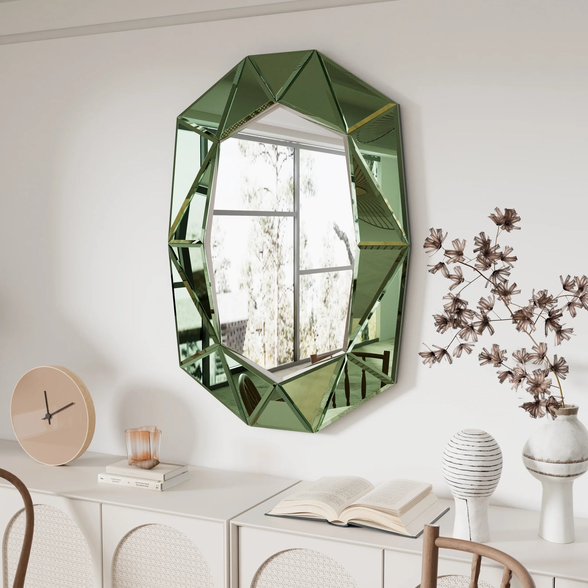 LUVODI Geometric Mirror Wall 28 x 39 inch Art Mirror Green 3D Glass Beveled for Bathroom Living Room