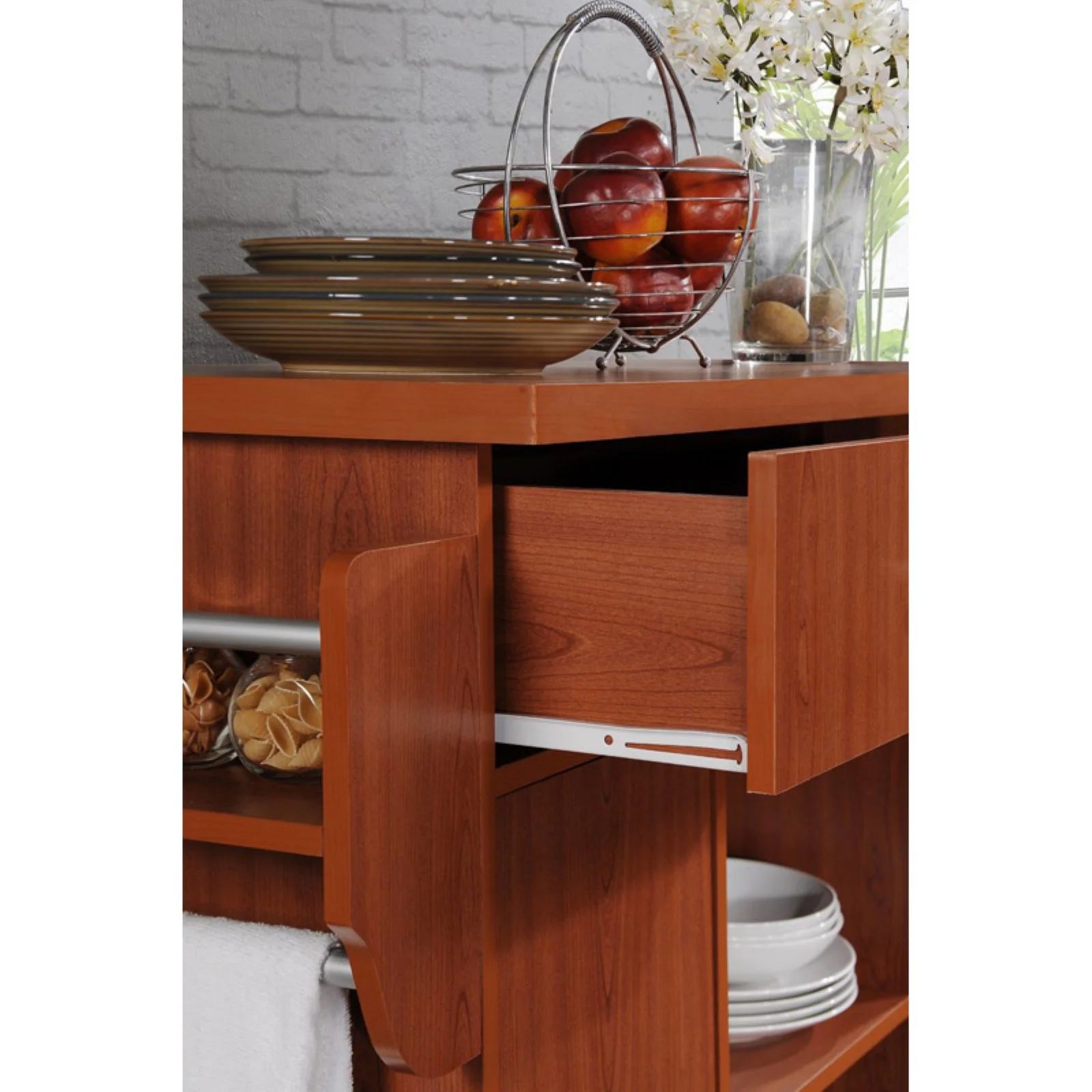 Hodedah Kitchen Island with Spice Rack plus Towel Holder in White Wood